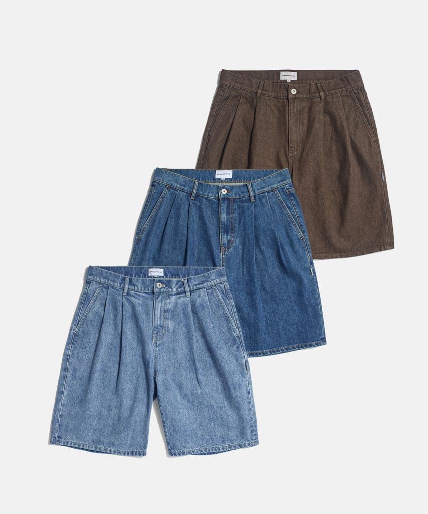 ESPIONAGE Double Pleats Denim Shorts Washed Indigo