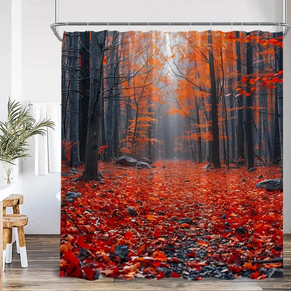 Autumn Landscape Shower Curtain Maple Forest Waterfall Landscape Tree Bathroom Decoration Polyester Bathtub Curtain