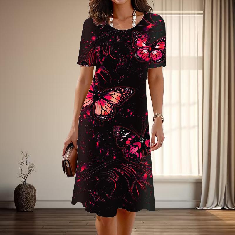 Dámské módní elegantní motýlí tisk letní jarní krátké rukávy O-krk ležérní šaty