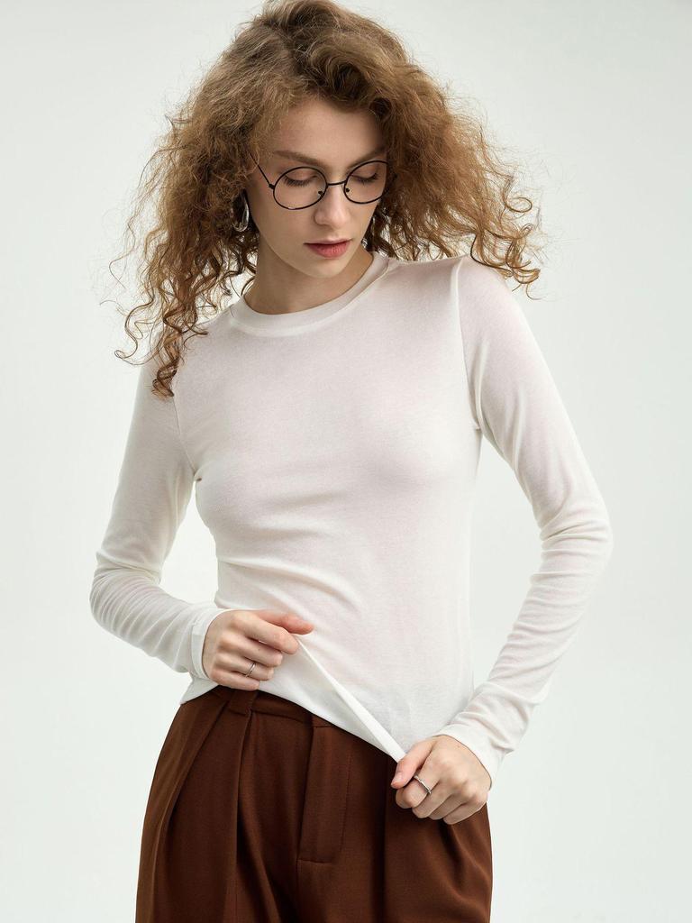 Women's White Mask Tencel Lyocell Wool Long Sleeve Slimming Base Layer Top - 2025 Autumn/Winter Collection