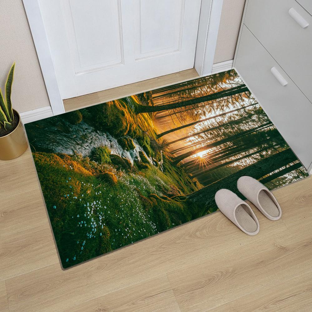 Natural Scenery Pattern Door Mat Forest Stream Mountain Road Designs Sunlight Effects NonSlip Floor Mat for Home Entrance Decor