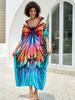 EDOLYNSA Boho Butterfly Print V-neck Plus Size Kaftan Women Vacation Beach Dress 2025 Summer Swimwear Cover Up Loose Cozy Homewear Q1674