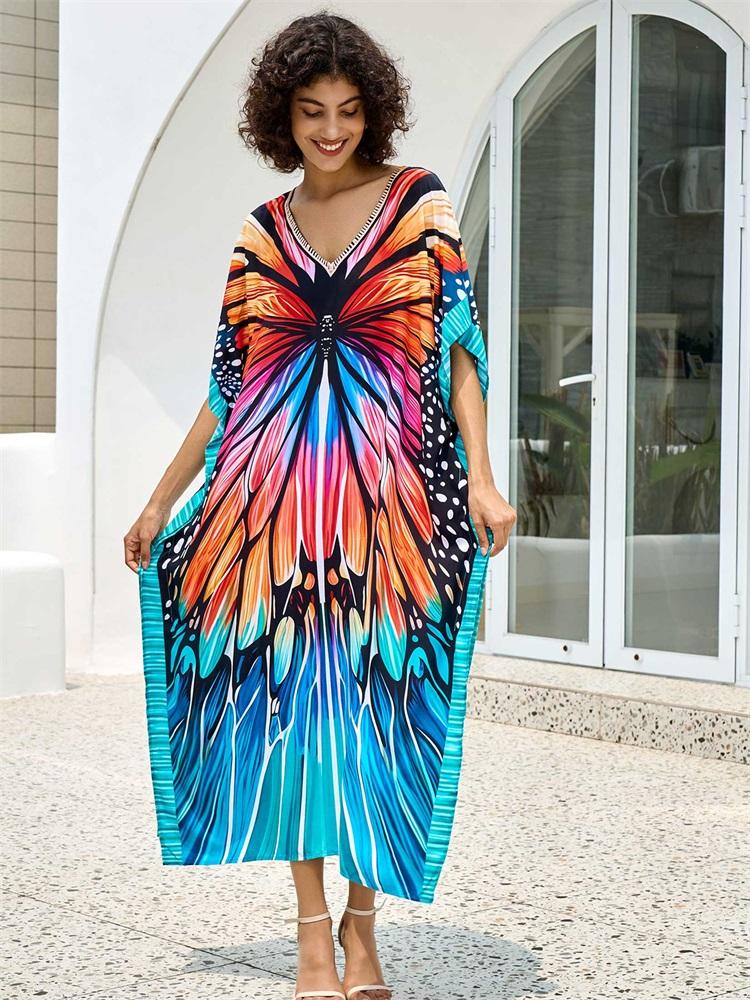 EDOLYNSA Boho Butterfly Print V-neck Plus Size Kaftan Women Vacation Beach Dress 2025 Summer Swimwear Cover Up Loose Cozy Homewear Q1674