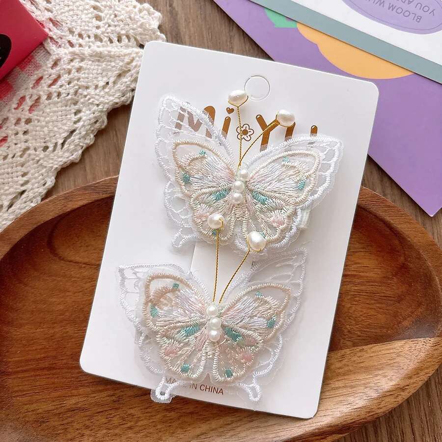 

2 шт. Милые вышитые жемчужные заколки-бабочки для волос, детские головные уборы, заколки для волос, аксессуары для волос