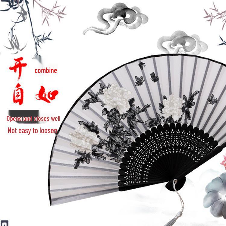 Chinese Classical Handheld Folding Fan with Tassel - Bamboo Hanfu Accessory