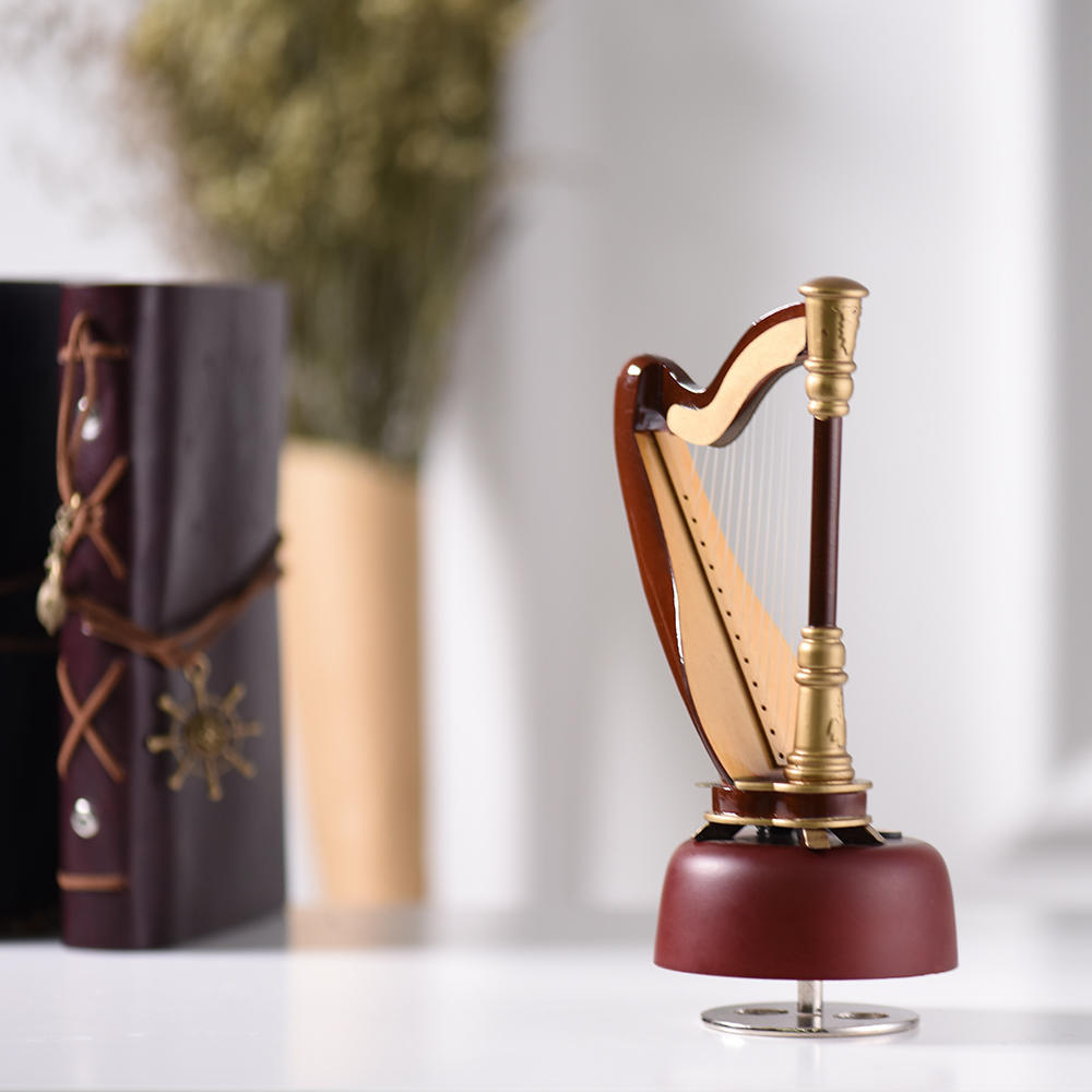 Classical Wind Up Harp Music Model with Rotating Musical Base Instrument Miniature Replica Artware Gift