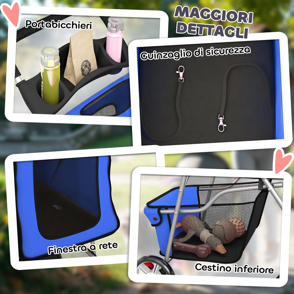 Dog Pram, Pet Stroller with Reflective Strips, Foldable Cat Stroller with 360 Degrees Swivel Wheels, Blue