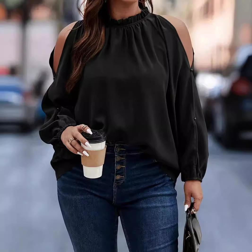 

Осенний женский пуловер с сеткой, деревянной отделкой ушей, круглым вырезом, длинным рукавом, усаженный, плиссированный, без бретелек, топ размера плюс 4XL чёрный