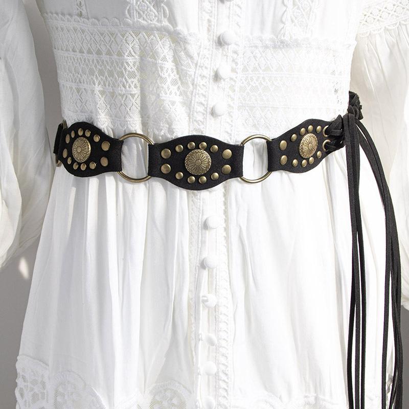 Bohemian Belt Suede Accessories Rivet Tassel Knotted Waist Rope for Women Natural Vacation Style Belt for Women