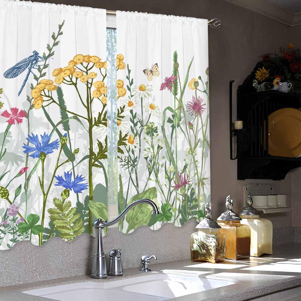 Colorful Flowers Kitchen Curtains Herbs Plants Butterfly Dragonfly Grass Short Tier Bathroom Cafe Small Window Drap Curtain Polyester Washable Ready