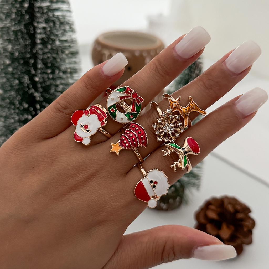 Cartoon Drip Santa Elk Ring, Creative Christmas Tree With Diamond Snowflake Opening Ring