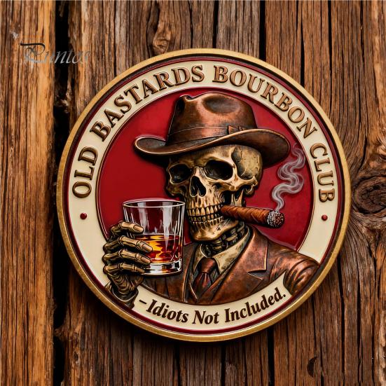 Whisky Club Souvenir Coin Old Bastards Bourbon Collectible Double-Sided Vintage Skull Theme Collectors Keepsake Token Gift Cowboy Hat