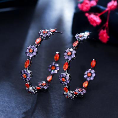 Boucles d'oreilles personnalisées Vent Froid Pistolet à Aiguilles Zircon Noir Fleur Colorée Cercle