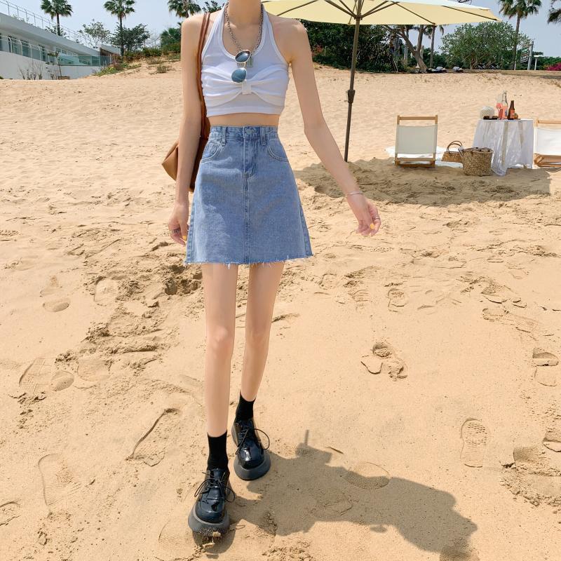 Denim Short Skirt Summer Women's Fashion Denim Three Piece Short Skirt High Waist Wrap Hip A-line Skirt