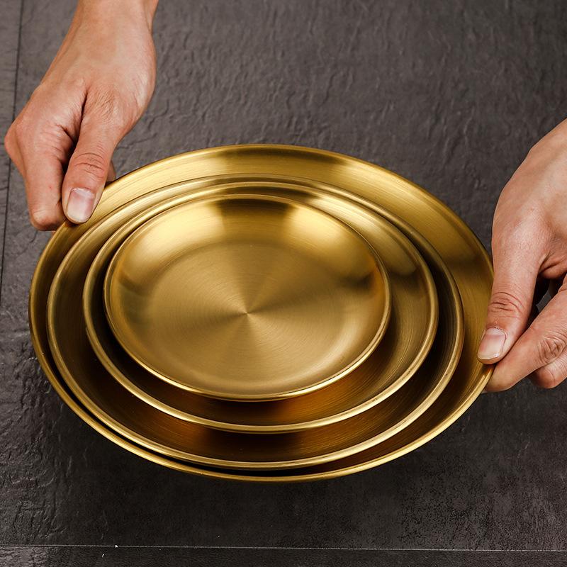 1 Pcs Thickened New Stainless Steel Disc Golden Cafe Tray Dining Disc Fruit Meat Dessert High Quality Round Plate Shallow Tray