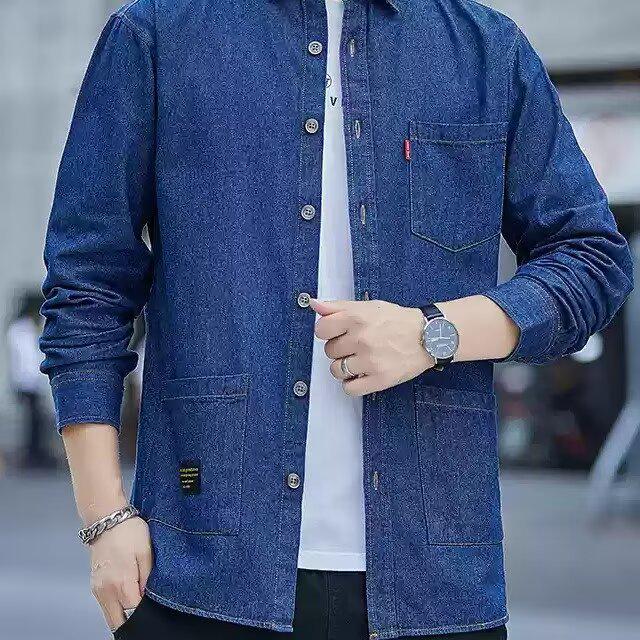 Men's Korean Style Retro Denim Long-Sleeve Shirt, Trendy Loose Casual Versatile Blue Workwear Top