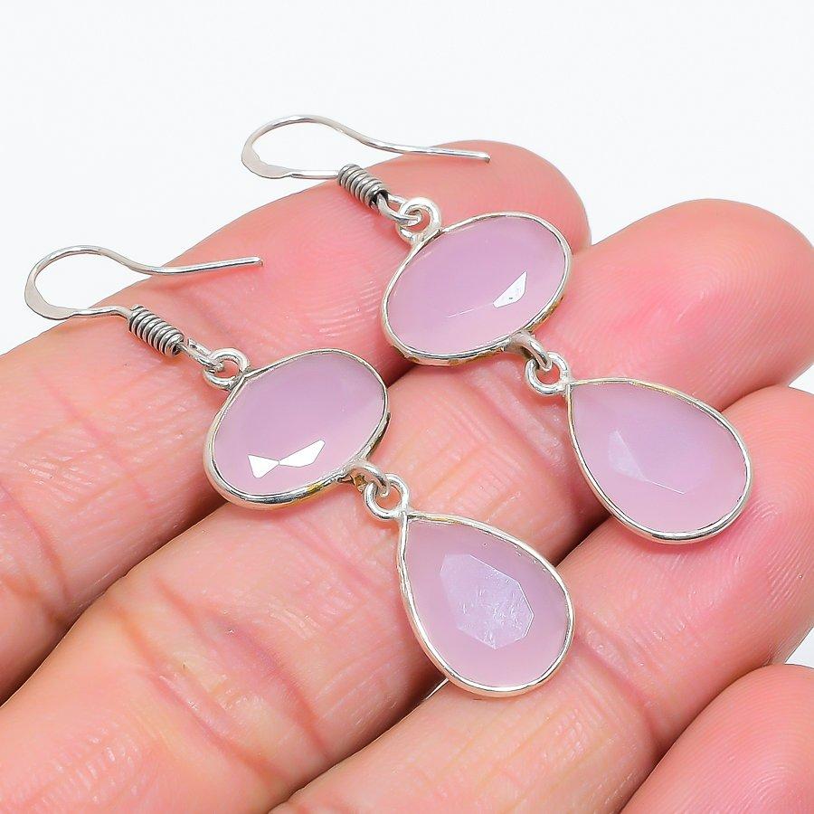 Pink Chalcedony Gemstone Handmade 925 Sterling Silver Jewelry Earring 1.89" GK-6219