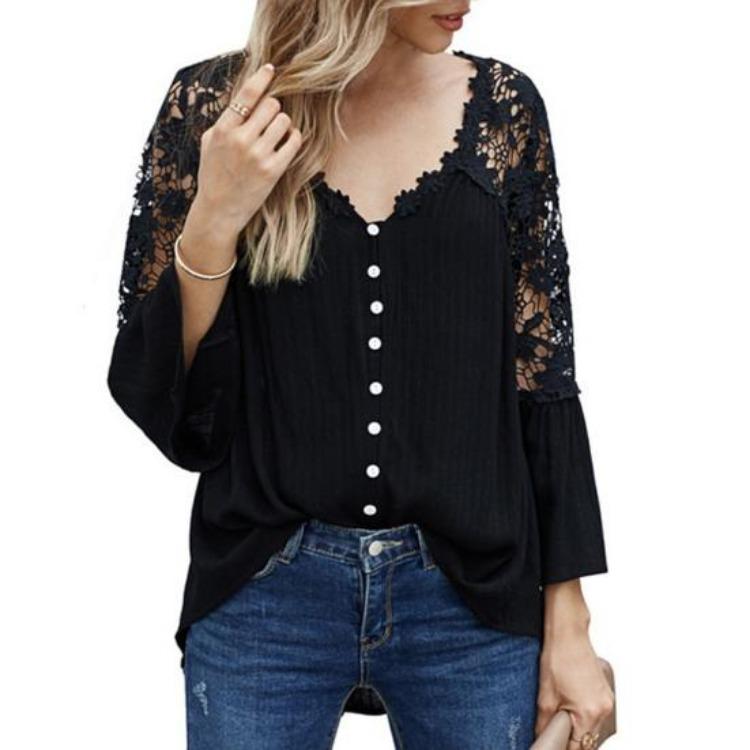 

Lace Flare Sleeve Blouse Women Solid Color V Neck See Through Back Pullover Top Large Hem Shirt for Daily Wear S чёрный