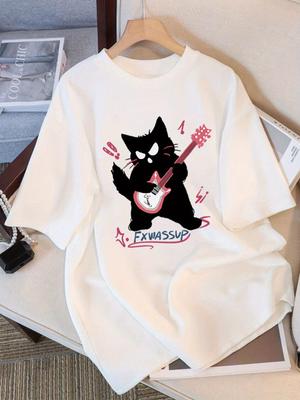 Summer Mens 100 Cotton T Shirt with Fun Rock Cat Pattern Design  Fashionable Casual and Ideal for Home Use
