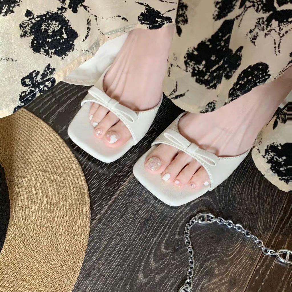 Sheepskin lady style bow literally square head high heels open-toed slippers women's summer leather cool slippers