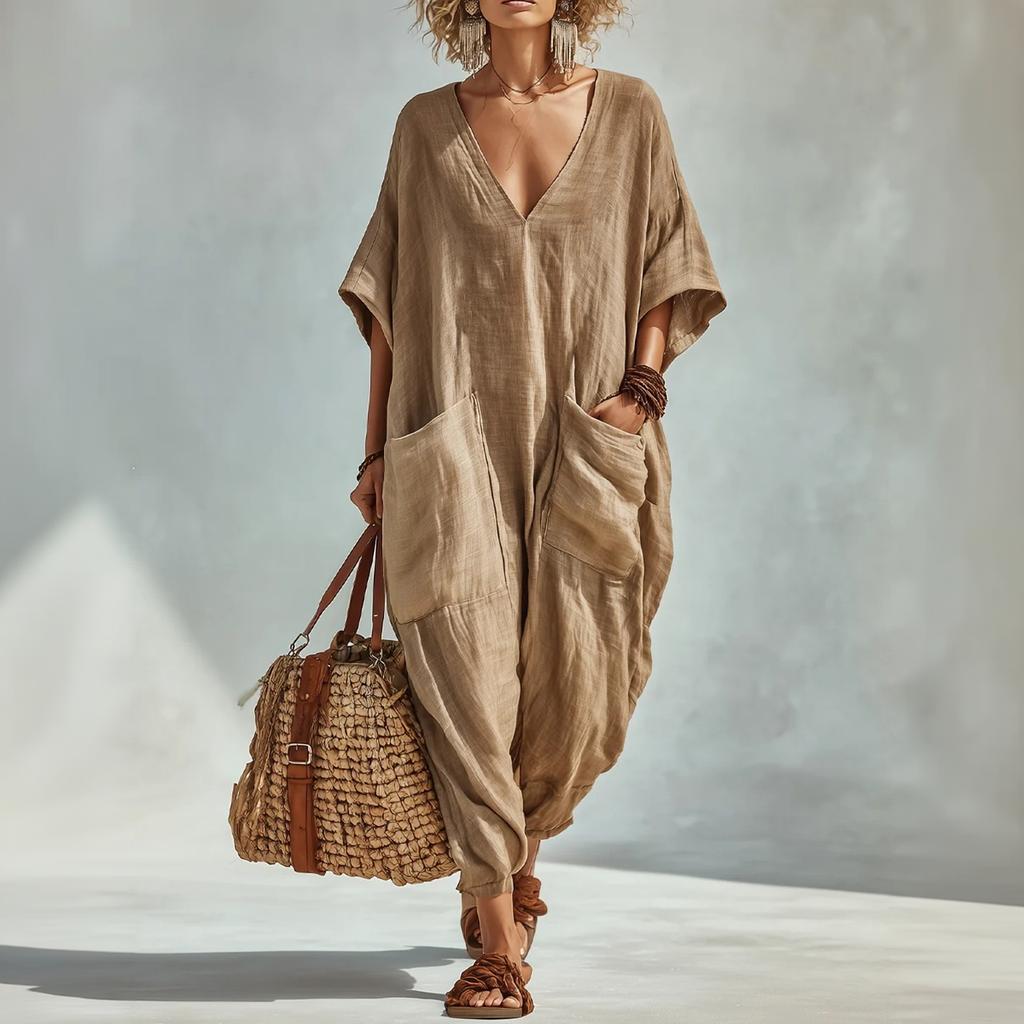 Women's Linen V Neck Jumpsuit with Pockets Wide Leg Romper