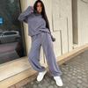 European and American casual fleece suit women's solid color long-sleeved hooded loose sweater lace-up pants two-piece set