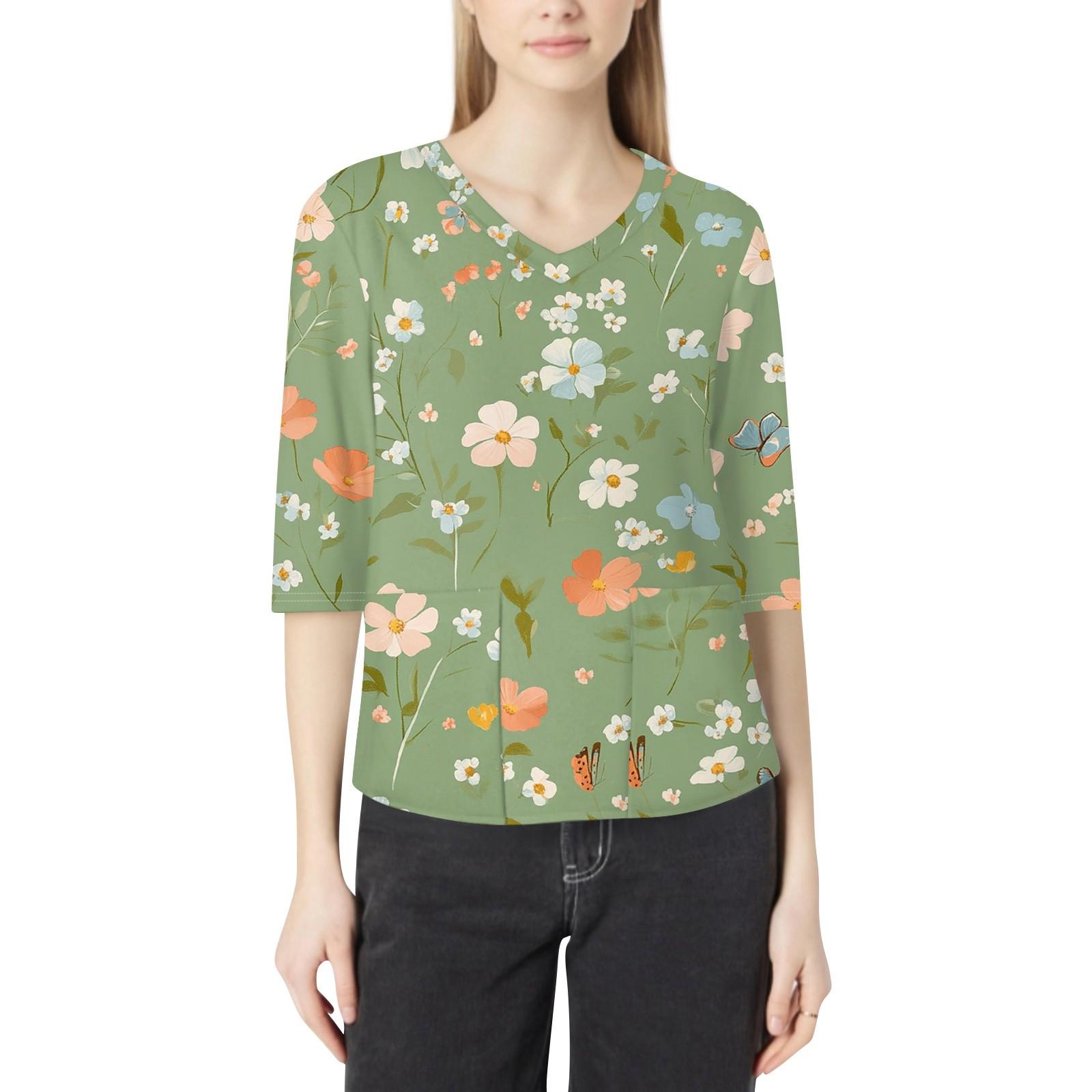 

Модная женская рабочая одежда с v-образным вырезом и рукавами 3/4, свободные топы с карманами и принтом M зелёный