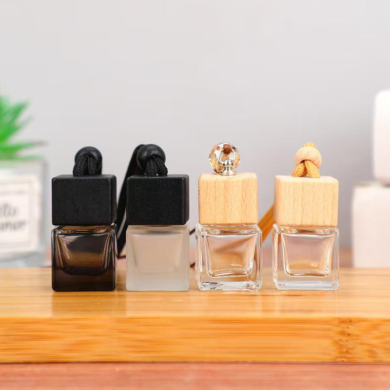 Aromatherapy Car Perfume Bottle, Refillable Glass with Wooden Lid & Lanyard, Portable Square Design.