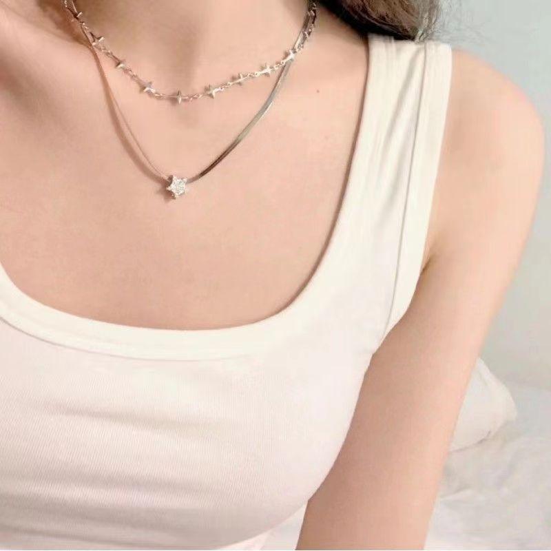 Hottie Stacks Double Star Cross Necklace Personality Ins Tide Collarbone Chain
