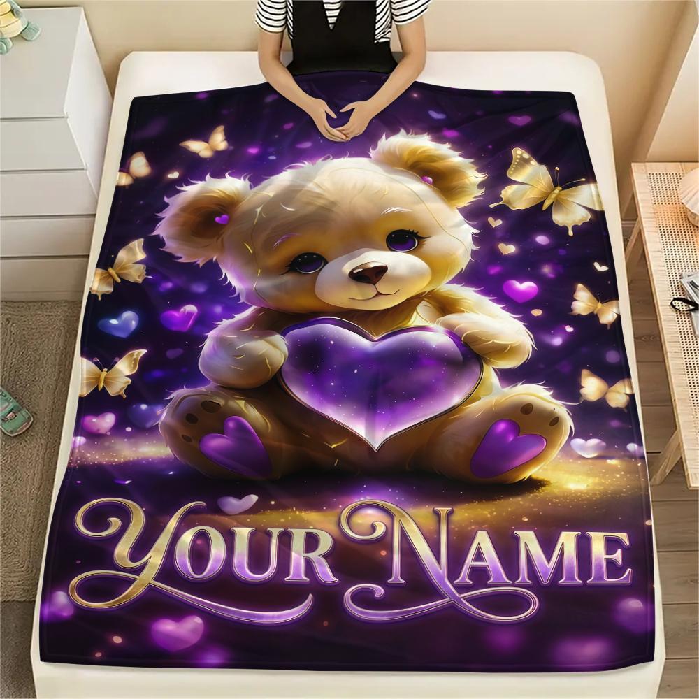 1PC Custom Name Forest Bear Heart Patterned Flannel Blanket Suitable For All Seasons for Home Decor Warmth and Comfort Gifts Holiday Present_lx