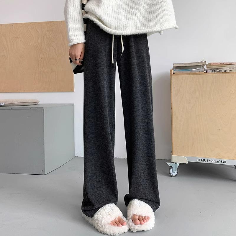 Petite Slimming Wide-Leg Fleece-Lined Pants for Women - Casual Elastic Waist, Loose Fit for Autumn/Winter