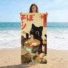 Vintage Japanese Black Cat Ramen Beach Towel Quick Dry Microfiber Cute Anime Bath Towel for Swimming Pool Gym Camping Summer