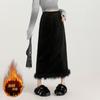Women's Black Velvet Midi Skirt Faux Feather Trim Elastic Waist Lined Warm Winter Skirt