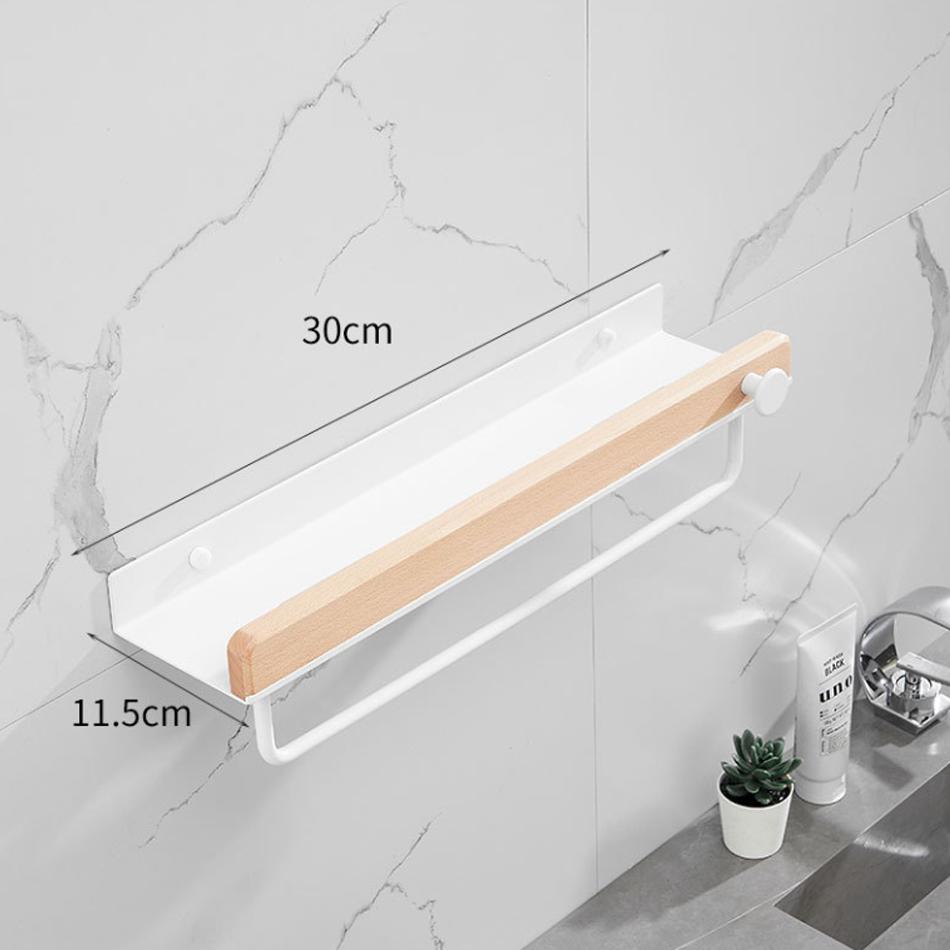 White Bathroom Shelf with Towel Bar Wood Aluminum Wall Mounted Lavatory Bath Shower Shampoo Soap Storage Holder Organizer Rack