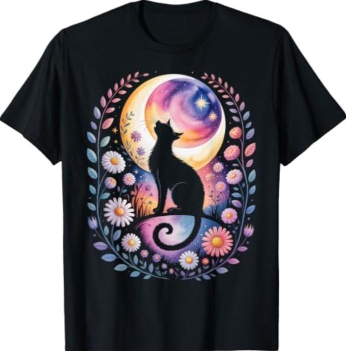Mystic Moon Cat with Stars - Witchy Halloween Celestial Art T-Shirt