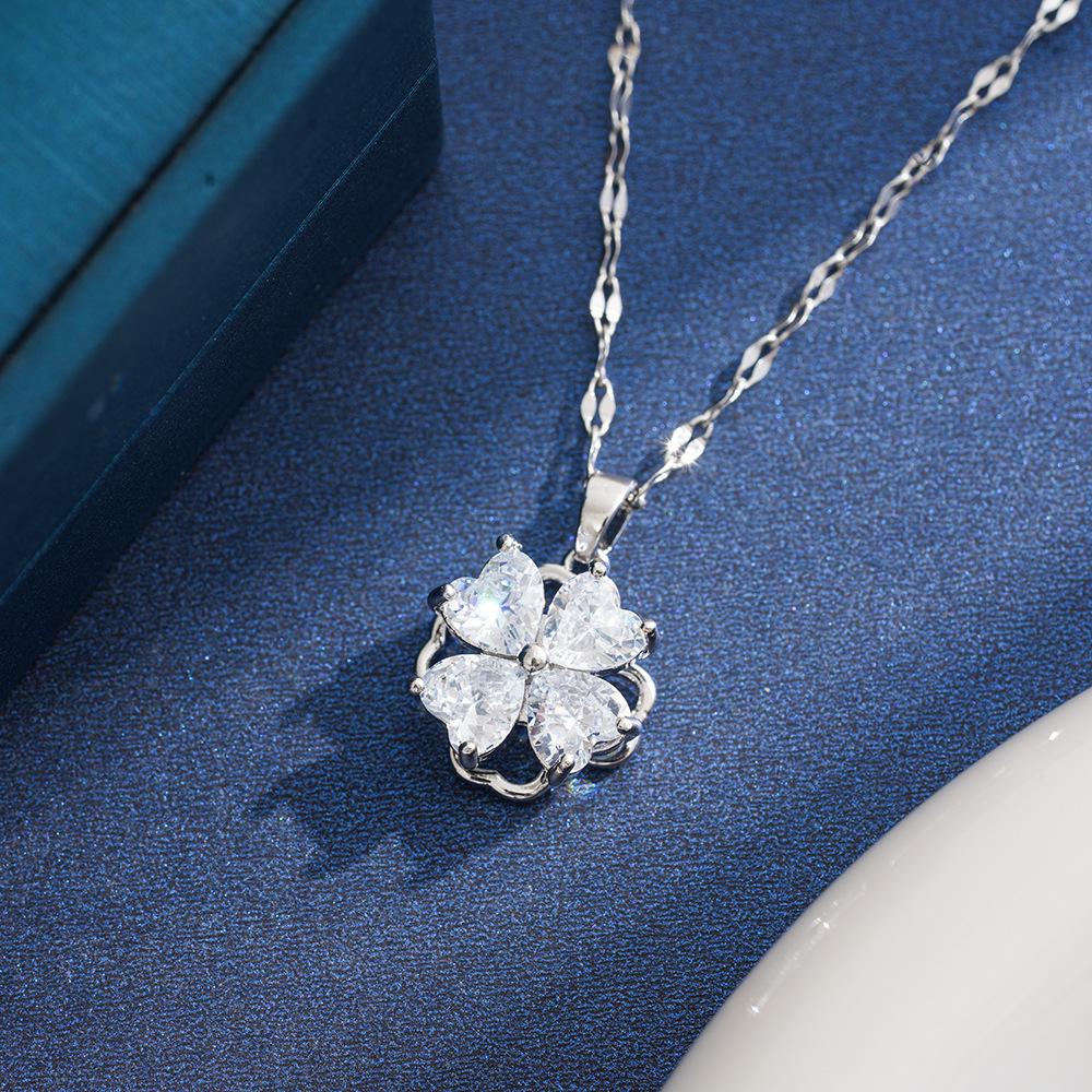 Titanium Steel Diamond Four-Leaf Clover Pendant Necklace - Light Luxury Valentine's Day Edition.
