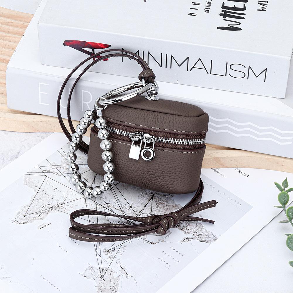 Top Grain Cowhide Bag Charm: Compact Coin Purse & Earphone Holder with Lanyard