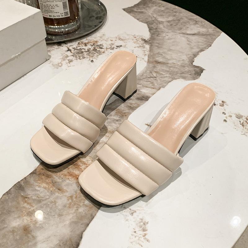 New thick heel one-word slippers women's summer wear fashion square head open-toed temperament with skirt high-heeled sandals