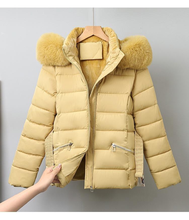 Dámská krátká bunda s velkou kožešinovou kapucí, větruodolná, zateplená, teplá, zimní bunda s páskem