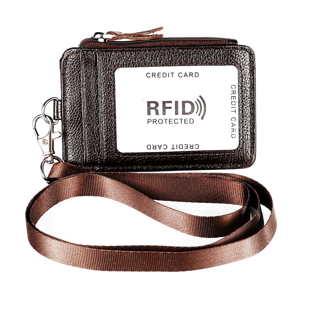 Genuine Leather RFID Blocking Badge Holder Stylish Office ID Case for Women Men Employee Work Card Pouch Business Essential Accessory with Lanyard