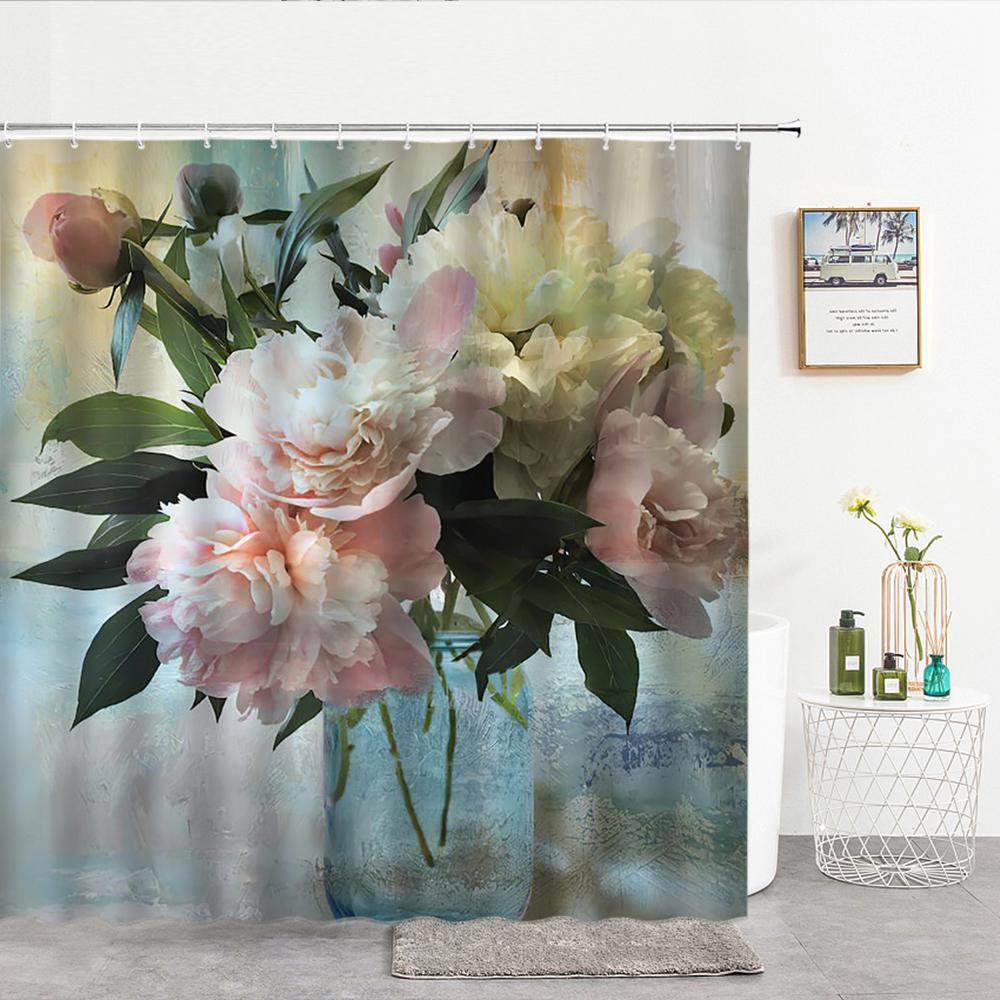 European Retro Flower Shower Curtain Watercolor Floral Bathroom Curtains Waterproof Botanical Bath Curtain With Hooks