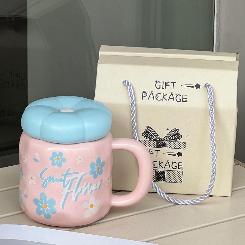 Cute Ceramic Cup with Lid High Value Ins Style Household Couple Water Cup Gift Box Creative Hand Gift Mug