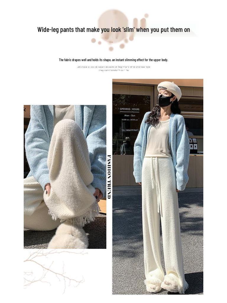 Damen Frühling/Sommer Fransenquasten Strick Weitbein Hose mit Samt Nerzfell, Bodenlang, Mikro Flare.