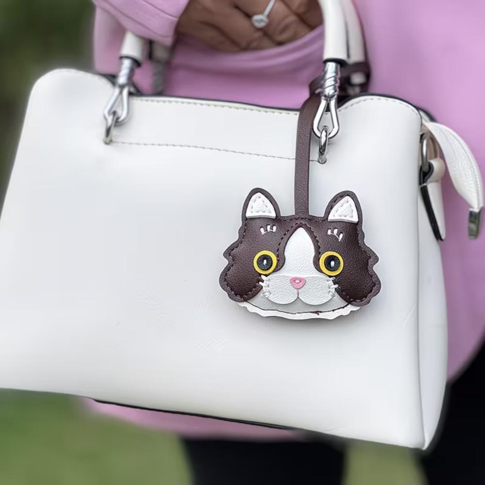 Leather Cat Leather Pendant Cartoon Animal Bag Hanging Unique Cat Leather Keychain  Love Pets Cat темный кофе