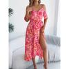 Spring Summer Strapless Cross V Neck Floral Halter Long Holiday Dresses Women