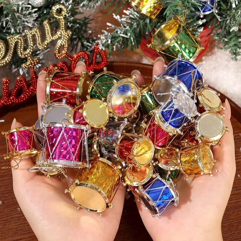 6/60pcs Colorful Glitter Drum Pendant Mini Christmas Tree Ornaments New Year Party Decor Christmas Hanging Decoration Pendants