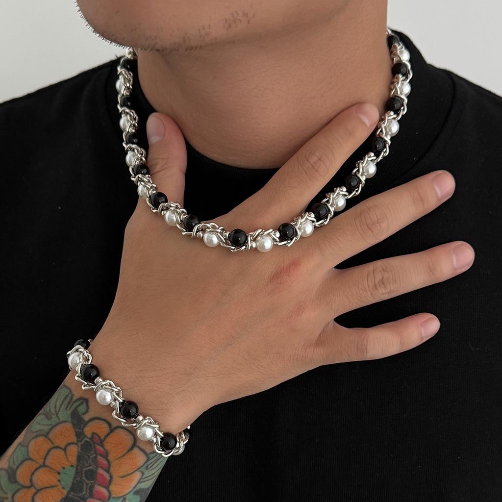 New Pearl Chain Wrapped Collarbone Chain Men's Trendy Hip-Hop Personality Men's Collarbone Chain Men's Neck Chain