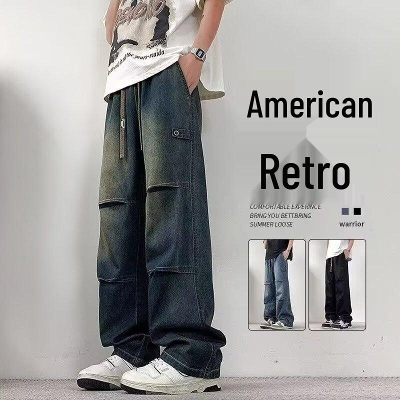 Men's American Retro Pleated Jeans - Spring/Summer Trendy, Loose Straight-Leg Cargo Pants