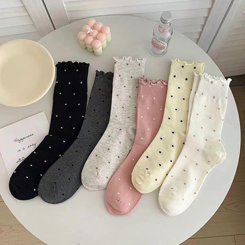 Black Fungus Polka Dot Pile Socks, Women's Mid-calf Socks, Casual Cotton Socks, Versatile Solid Color Ballet-style Cute Long Socks