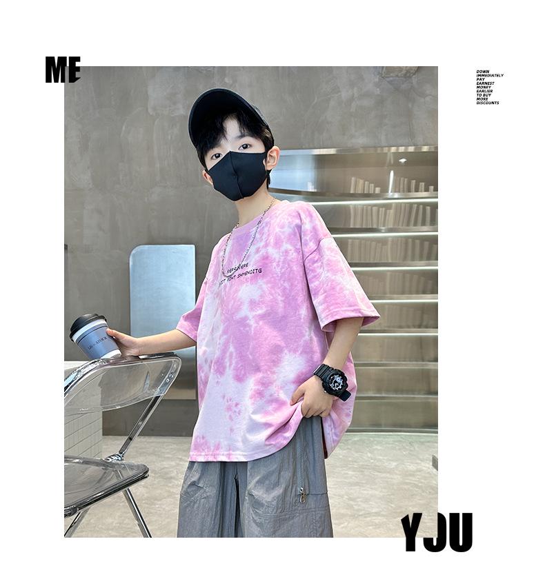 2025 Boys' Trendy Tie-Dye Cotton T-Shirt: Short-Sleeve, Breathable Summer Streetwear for Older Kids